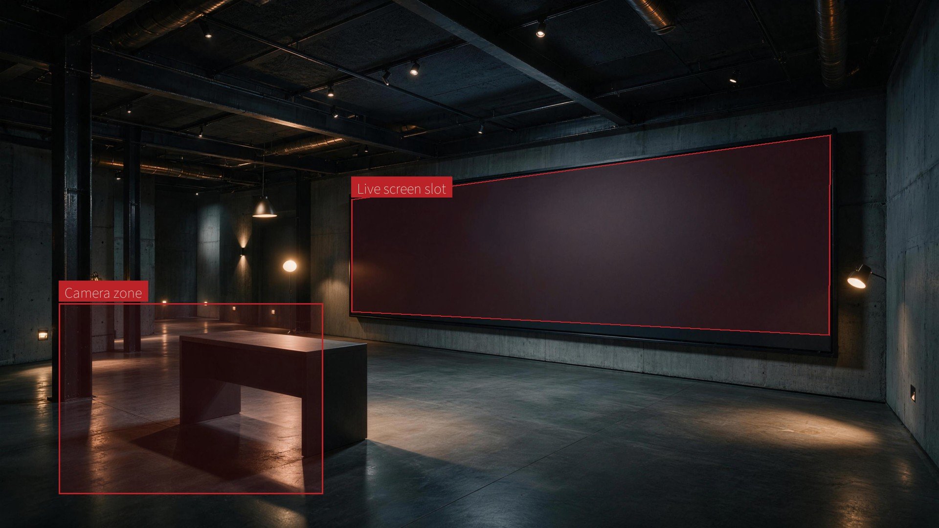 A dark modern broadcast studio with its live screen slot and camera zone marked